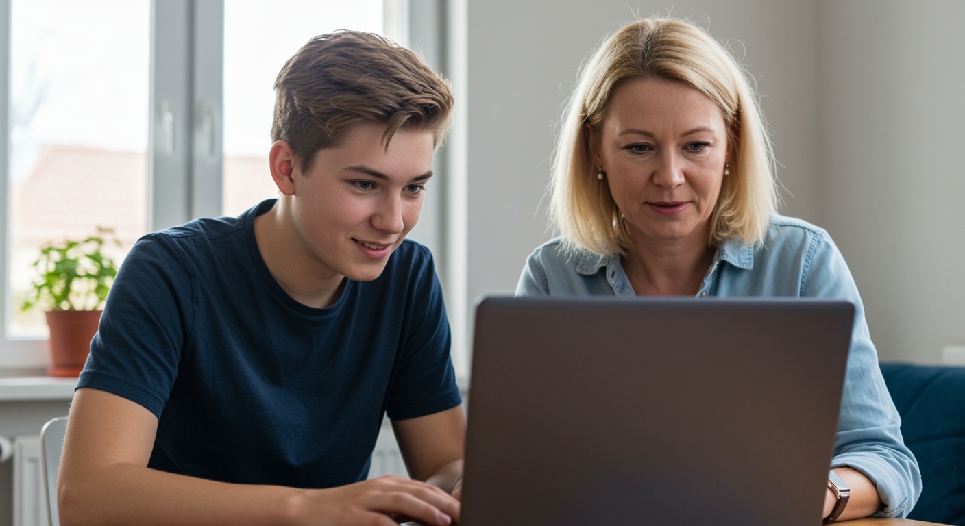 Mom, a woman of Slavic appearance, with blonde hair, 40-45 years old, is sitting next to a teenage boy16 years old teenager, a laptop is on the table in front of them and they are looking at the laptop screen, view from the back cover of the laptop